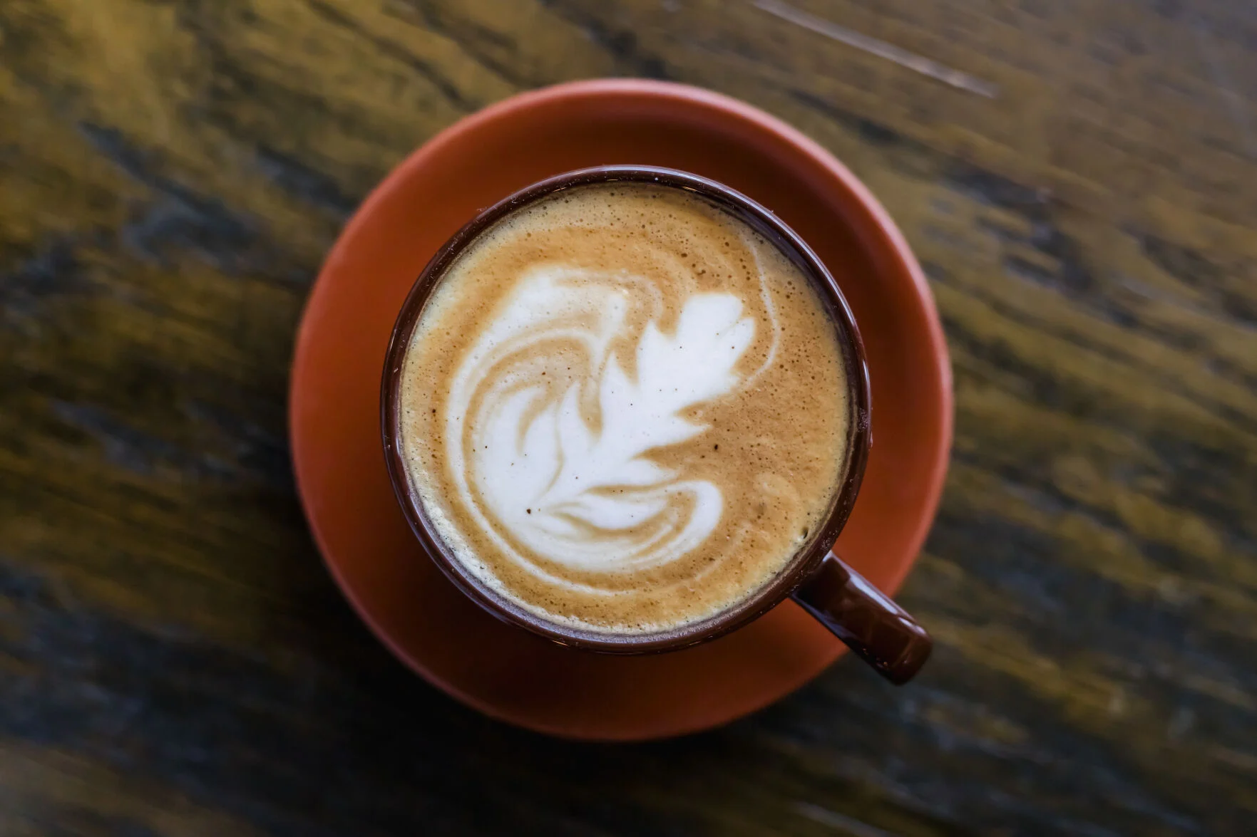 Latte art in a terracotta cup on a dark wooden table